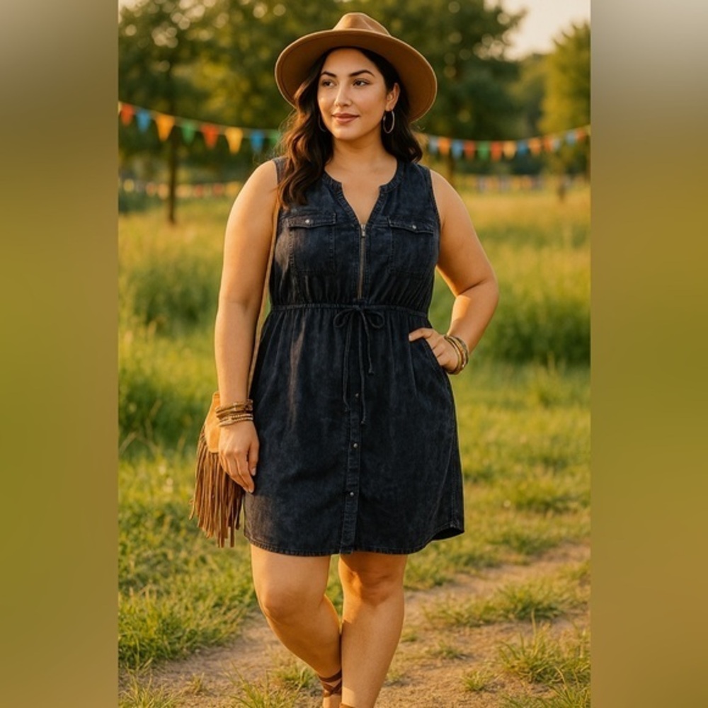 Torrid Dark Wash Denim Look Rayon Drawstring Vintage Vibe Tunic Dress GUC 2 #768